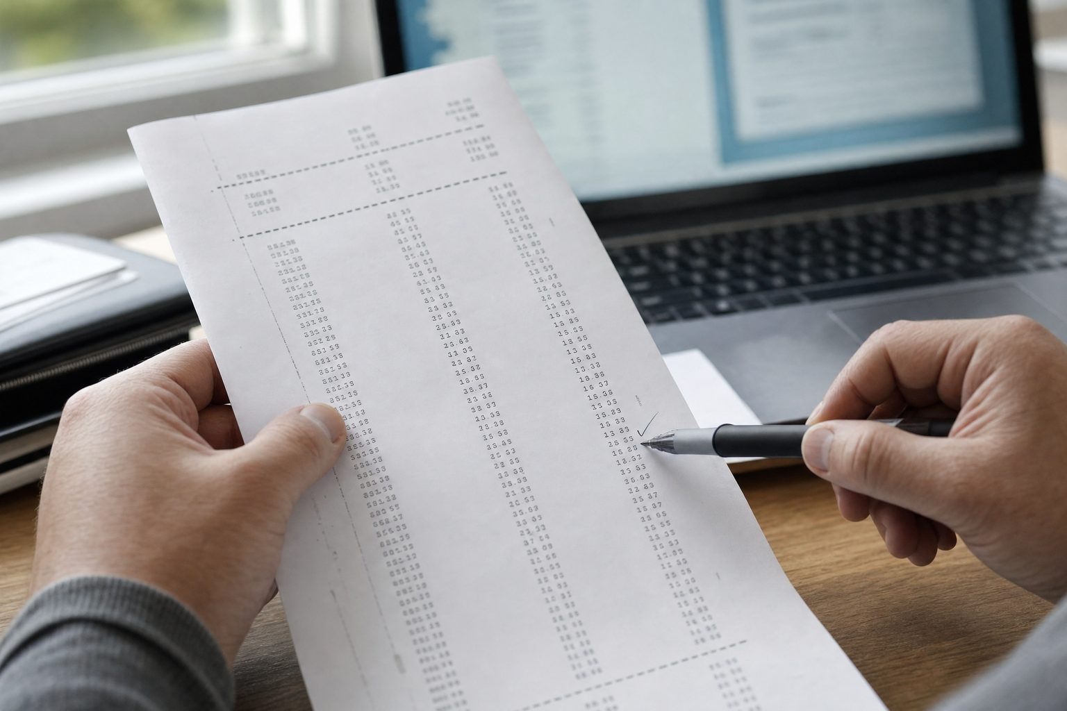 Hands holding a printed ledger of monospaced rows and dashed rules, a pen ticking one line, a laptop behind.